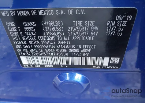 2019 Honda Hr-V Ex from USA, damaged, VIN 3CZRU6H57KM740508